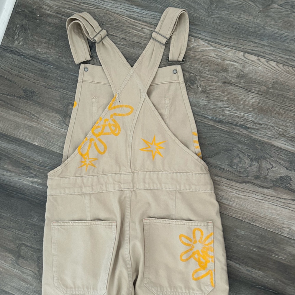 Free People Tan Overalls with Red and Yellow Floral Design - Picture 6 of 7